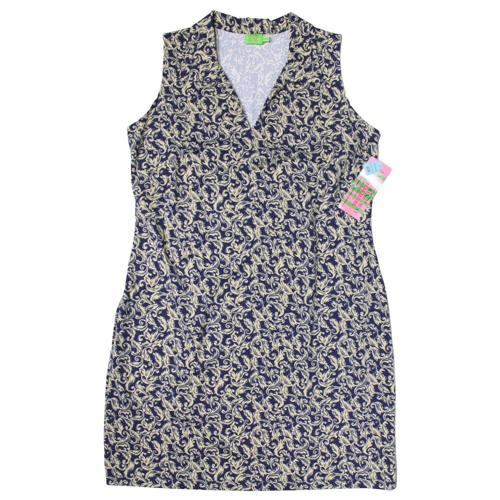NWT Katherine Way Navy Blue Gold Floral Dress UPF 50+ Stretch Made USA Women 2XL